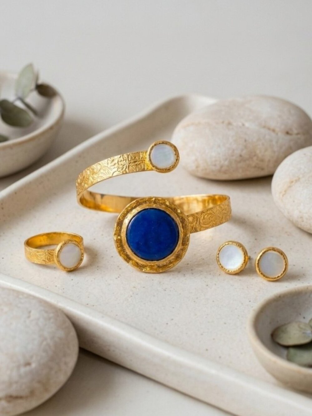 Turkish 18K Gold Plated Sapphire Glass Pearl Cuff Bracelet Ring Set Adjustable